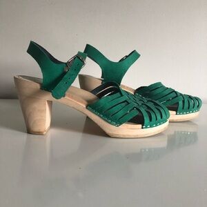 Green Leather Mules with Wooden Heel